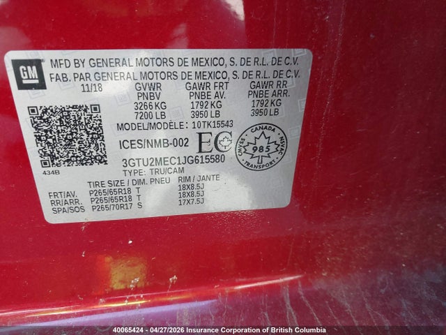 40065424 :رقم المزاد ، 3GTU2MEC1JG615580 vin ، 2018 Gmc Sierra 1500 Sle مزاد بيع
