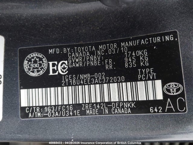 2010 Toyota Corolla S/le/xle მანქანა იყიდება აუქციონზე, vin: 2T1BU4EE3AC372030, აუქციონის ნომერი: 40065433