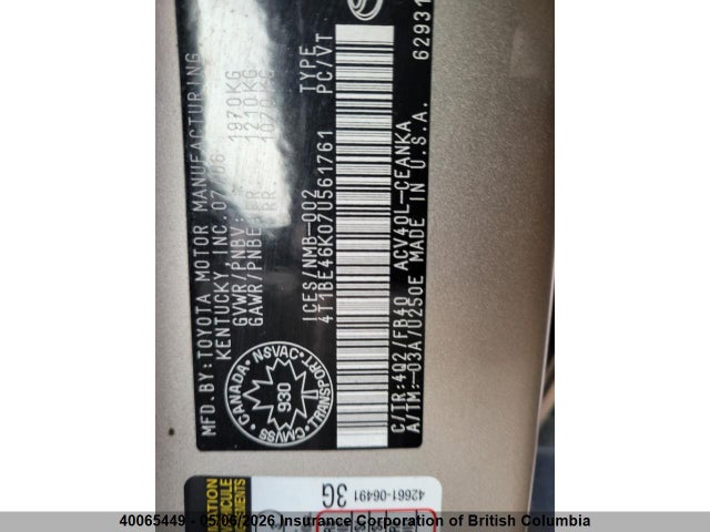40065449 :رقم المزاد ، 4T1BE46K07U561761 vin ، 2007 Toyota Camry مزاد بيع