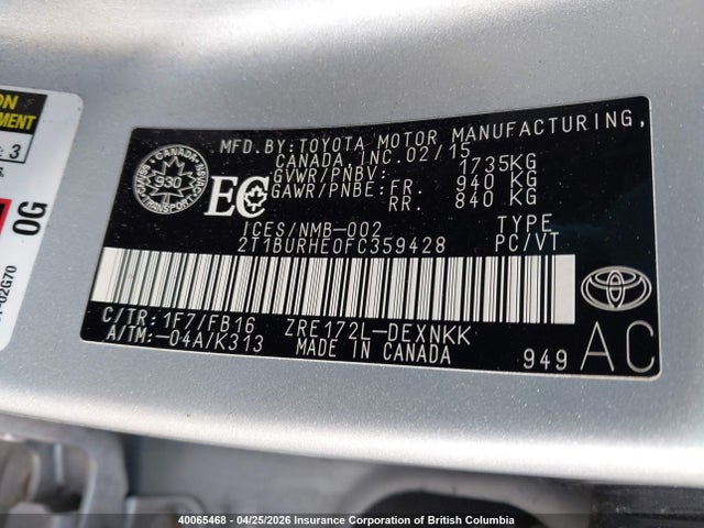 2T1BURHE0FC359428 Toyota Corolla L/le/le Pls/prm/s/s Pls