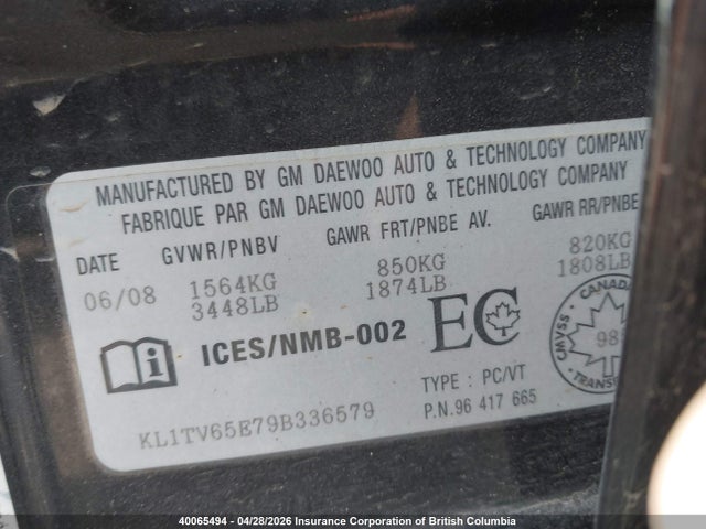 40065494 :رقم المزاد ، KL1TV65E79B336579 vin ، 2009 Chevrolet Aveo مزاد بيع