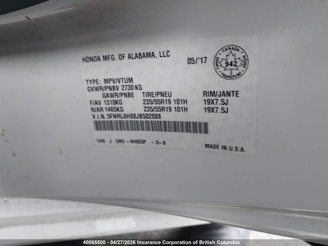 5FNRL6H88JB502088 Honda Odyssey Touring