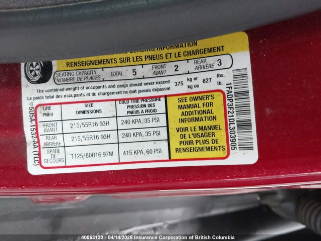 40063120 :رقم المزاد ، 1FADP3F21DL303905 vin ، 2013 Ford Focus Se مزاد بيع