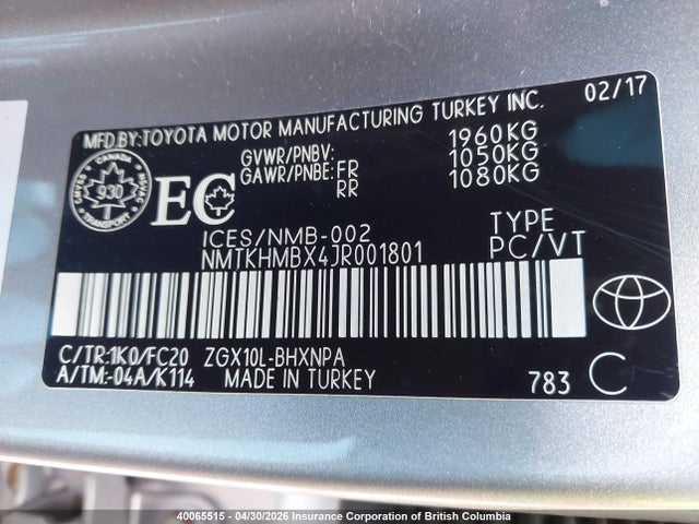 2018 Toyota C-hr მანქანა იყიდება აუქციონზე, vin: NMTKHMBX4JR001801, აუქციონის ნომერი: 40065515