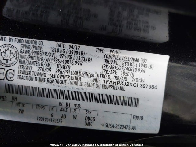 40062341 :رقم المزاد ، 1FAHP3J2XCL397984 vin ، 2012 Ford Focus Titanium مزاد بيع
