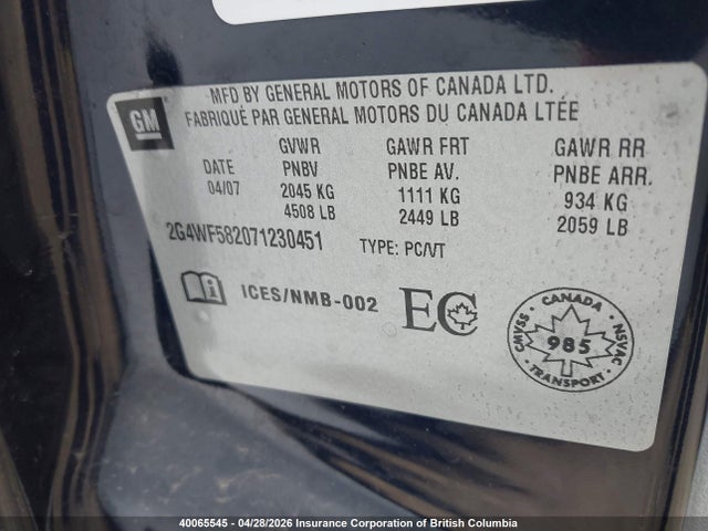 Aukcja sprzedaży 2007 Buick Allure Cx, vin: 2G4WF582071230451, numer aukcji: 40065545