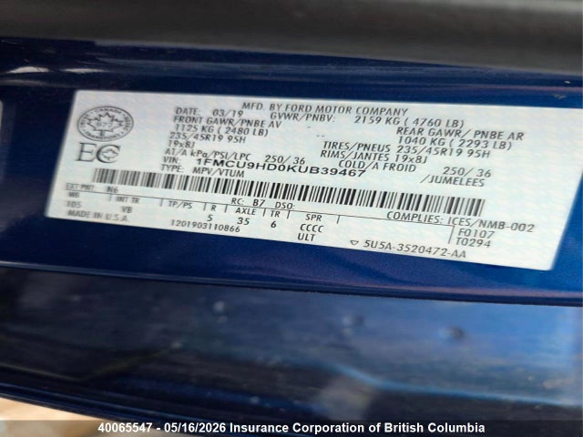 Продажа на аукционе авто 2019 Ford Escape Sel, vin: 1FMCU9HD0KUB39467, номер лота: 40065547
