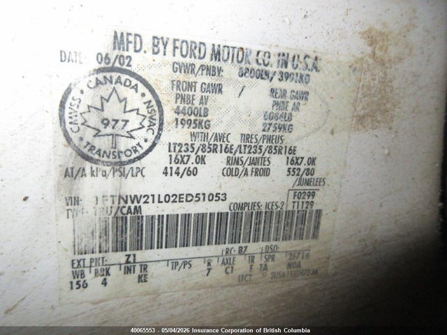 2002 Ford F250 მანქანა იყიდება აუქციონზე, vin: 1FTNW21L02ED51053, აუქციონის ნომერი: 40065553