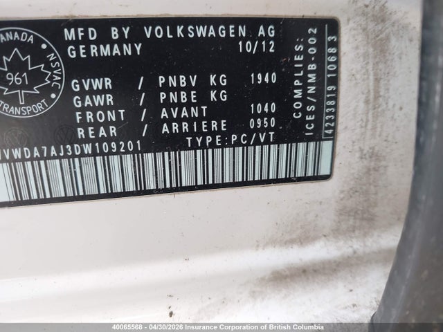Aukcja sprzedaży 2013 Volkswagen Golf, vin: WVWDA7AJ3DW109201, numer aukcji: 40065568