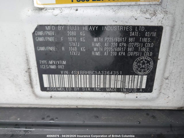 Продажа на аукционе авто 2010 Subaru Outback 2.5i Premium, vin: 4S4BRHBC5A3364351, номер лота: 40065576