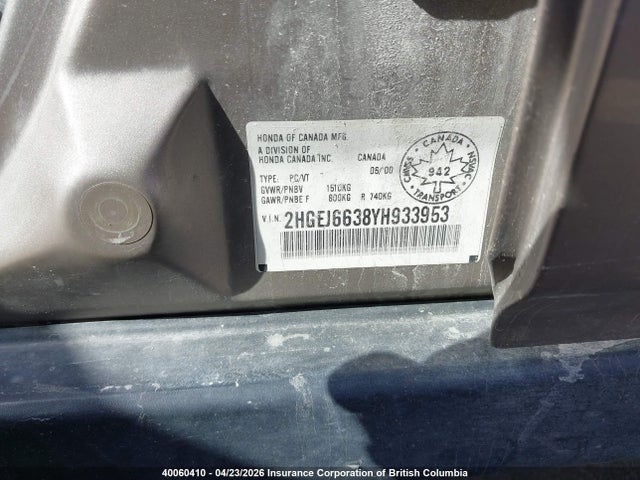 Продаж на аукціоні авто 2000 Honda Civic Lx, vin: 2HGEJ6638YH933953, номер лоту: 40060410