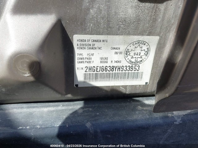 Продаж на аукціоні авто 2000 Honda Civic Lx, vin: 2HGEJ6638YH933953, номер лоту: 40060410