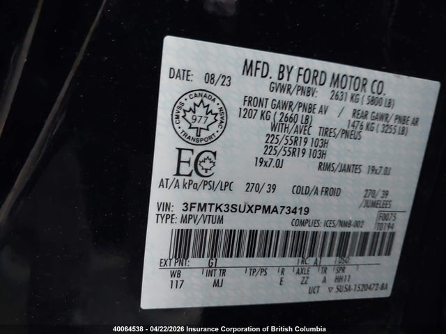 40064538 :رقم المزاد ، 3FMTK3SUXPMA73419 vin ، 2023 Ford Mustang Mach-e Premium مزاد بيع