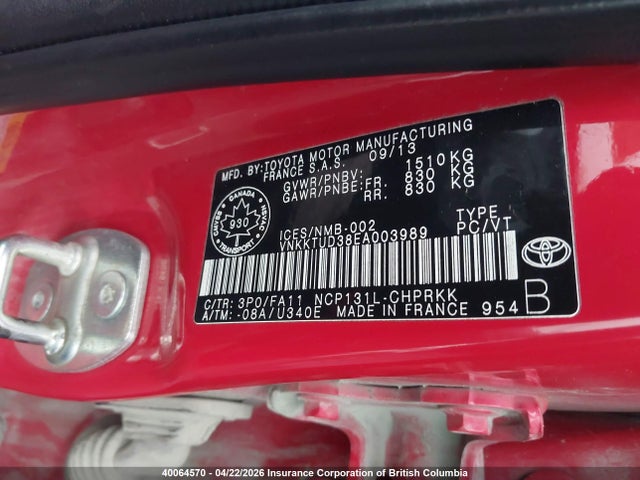 2014 Toyota Yaris მანქანა იყიდება აუქციონზე, vin: VNKKTUD38EA003989, აუქციონის ნომერი: 40064570