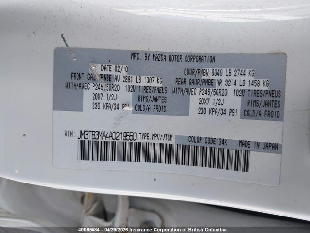 Aukcja sprzedaży 2010 Mazda Cx-9, vin: JM3TB3MA4A0219550, numer aukcji: 40065584