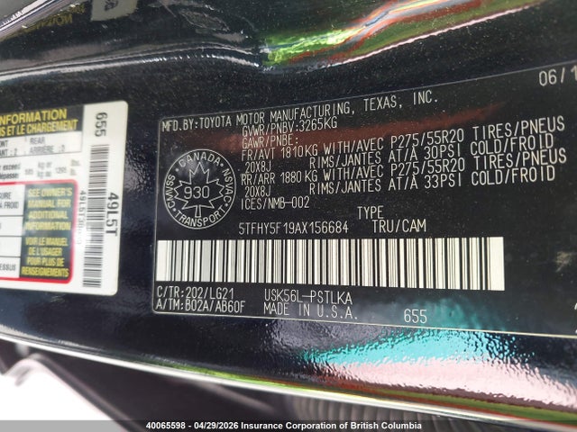40065598 :رقم المزاد ، 5TFHY5F19AX156684 vin ، 2010 Toyota Tundra Crewmax Limited مزاد بيع
