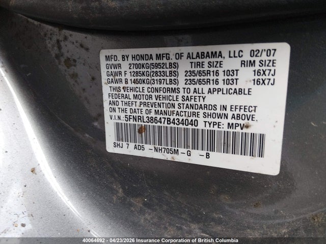 Aukcja sprzedaży 2007 Honda Odyssey Exl, vin: 5FNRL38647B434040, numer aukcji: 40064692
