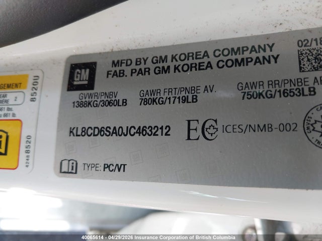 KL8CD6SA0JC463212 Chevrolet Spark