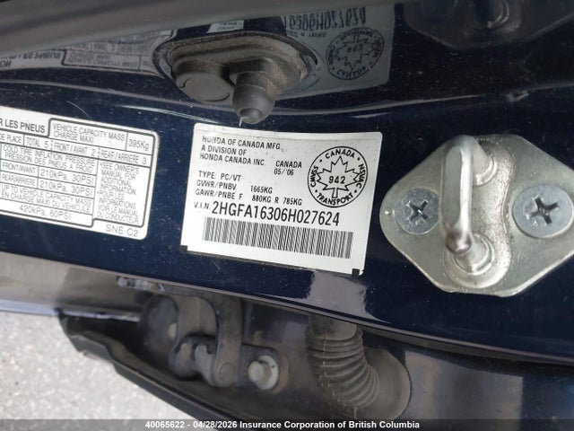 Aukcja sprzedaży 2006 Honda Civic, vin: 2HGFA16306H027624, numer aukcji: 40065622