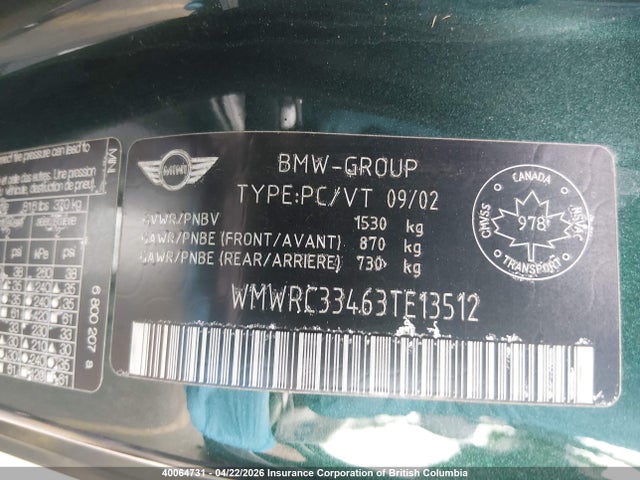 2003 Mini Cooper მანქანა იყიდება აუქციონზე, vin: WMWRC33463TE13512, აუქციონის ნომერი: 40064731