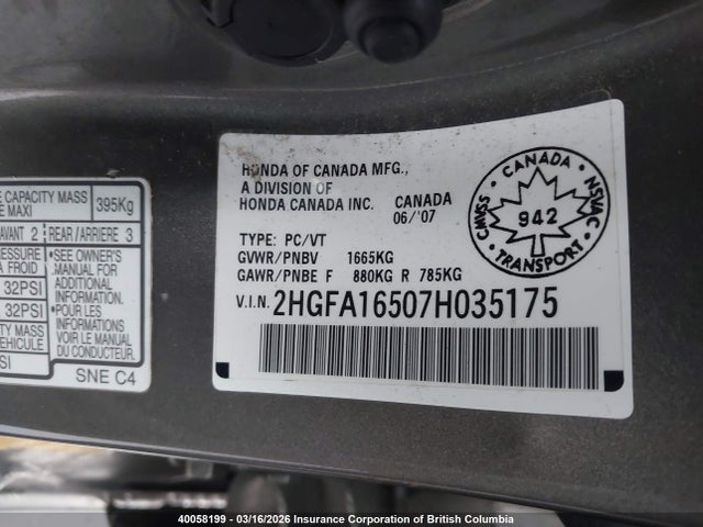 Aukcja sprzedaży 2007 Honda Civic Lx, vin: 2HGFA16507H035175, numer aukcji: 40058199