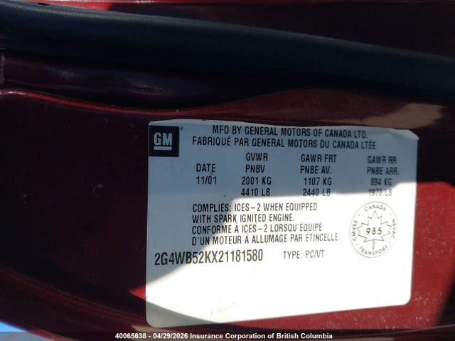 Aukcja sprzedaży 2002 Buick Regal, vin: 2G4WB52KX21181580, numer aukcji: 40065638