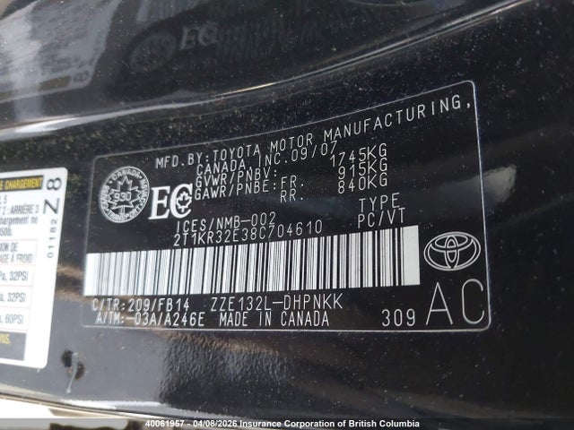 2008 Toyota Corolla Matrix Xr მანქანა იყიდება აუქციონზე, vin: 2T1KR32E38C704610, აუქციონის ნომერი: 40061957