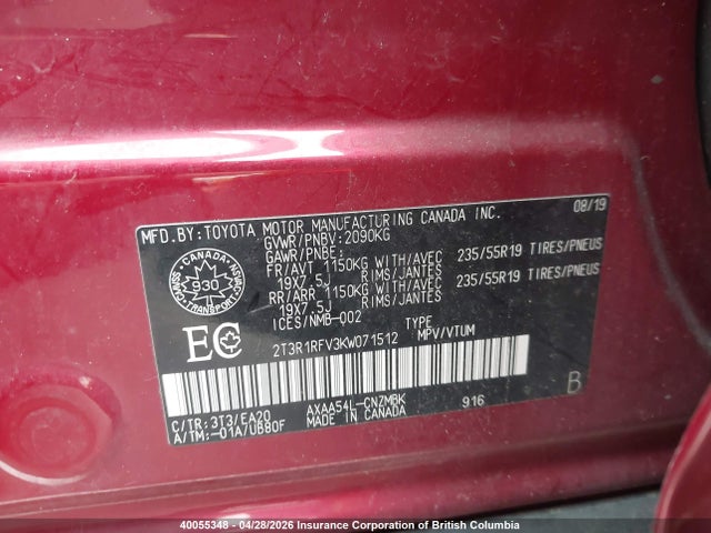 2019 Toyota Rav4 Xle/xle Premium მანქანა იყიდება აუქციონზე, vin: 2T3R1RFV3KW071512, აუქციონის ნომერი: 40055348