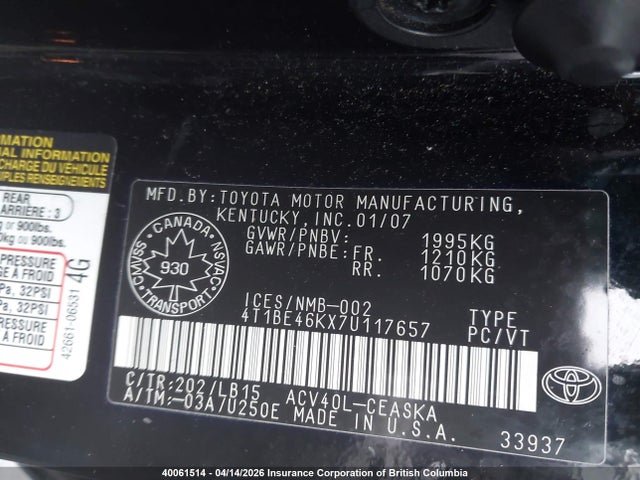 2007 Toyota Camry Ce/le/xle/se მანქანა იყიდება აუქციონზე, vin: 4T1BE46KX7U117657, აუქციონის ნომერი: 40061514