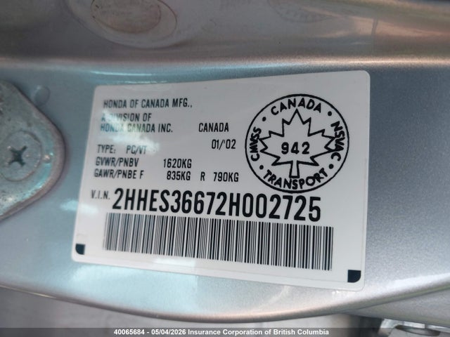 Продажа на аукционе авто 2002 Acura 1.7el Touring, vin: 2HHES36672H002725, номер лота: 40065684