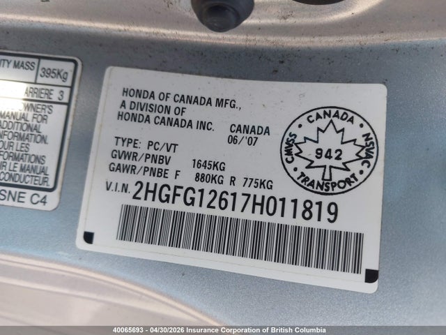 Aukcja sprzedaży 2007 Honda Civic, vin: 2HGFG12617H011819, numer aukcji: 40065693
