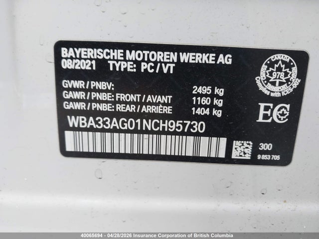 40065694 :رقم المزاد ، WBA33AG01NCH95730 vin ، 2022 Bmw 530e Xdrive مزاد بيع