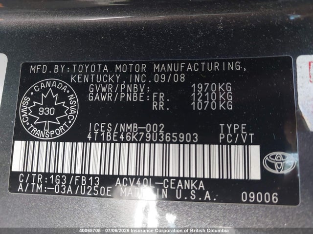 2009 Toyota Camry მანქანა იყიდება აუქციონზე, vin: 4T1BE46K79U365903, აუქციონის ნომერი: 40065705