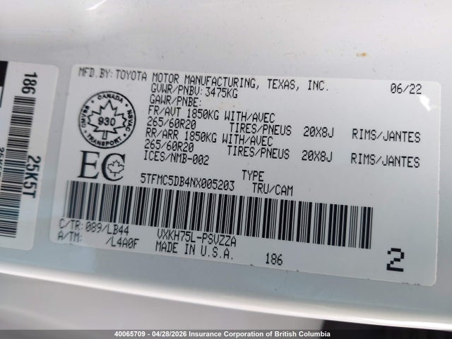 40065709 :رقم المزاد ، 5TFMC5DB4NX005203 vin ، 2022 Toyota Tundra Hybrid Platinum مزاد بيع