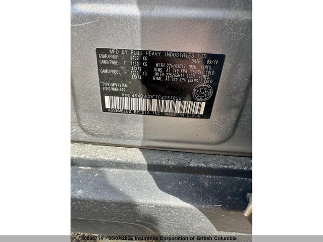 40065714 :رقم المزاد ، 4S4BSCDC7F3237855 vin ، 2015 Subaru Outback 2.5i Touring Package مزاد بيع