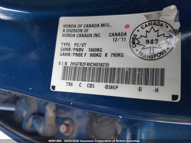 Aukcja sprzedaży 2012 Honda Civic Lx, vin: 2HGFB2F40CH018235, numer aukcji: 40061568