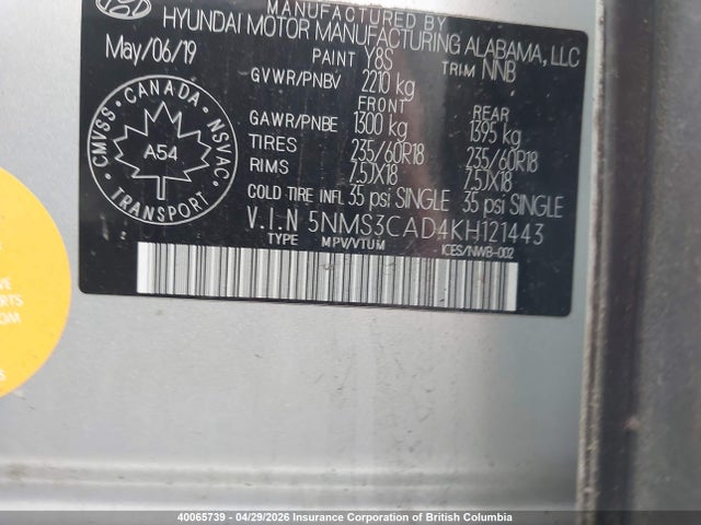 Продаж на аукціоні авто 2019 Hyundai Santa Fe Sel/sel Plus, vin: 5NMS3CAD4KH121443, номер лоту: 40065739