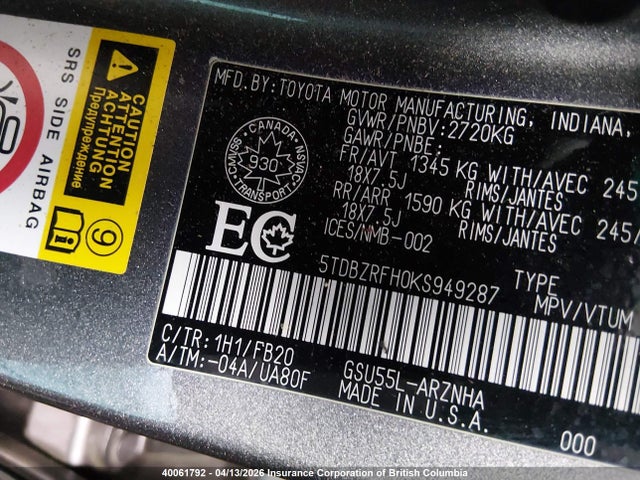 5TDBZRFH0KS949287 Toyota Highlander Le/le Plus