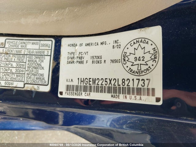 Продаж на аукціоні авто 2002 Honda Civic, vin: 1HGEM225X2L821737, номер лоту: 40065769