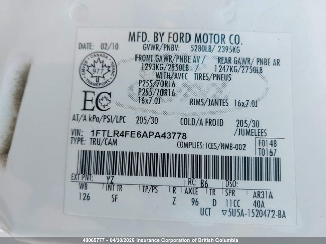 40065777 :رقم المزاد ، 1FTLR4FE6APA43778 vin ، 2010 Ford Ranger Super Cab مزاد بيع