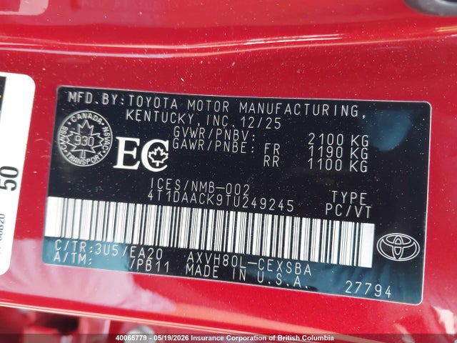 40065779 :رقم المزاد ، 4T1DAACK9TU249245 vin ، 2026 Toyota Camry مزاد بيع