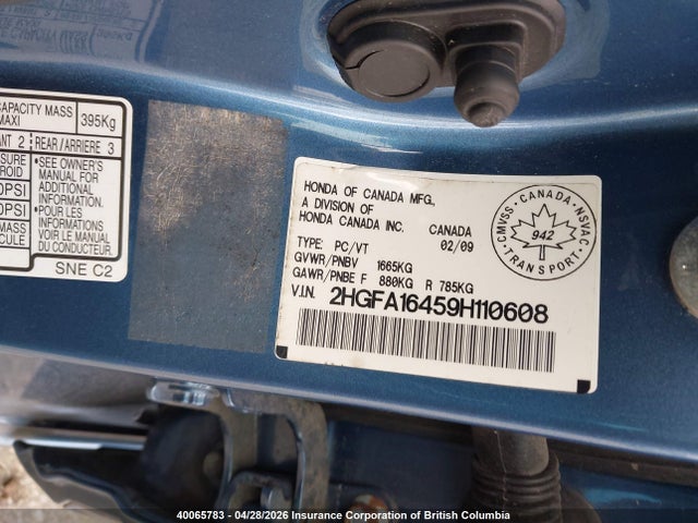 Aukcja sprzedaży 2009 Honda Civic, vin: 2HGFA16459H110608, numer aukcji: 40065783