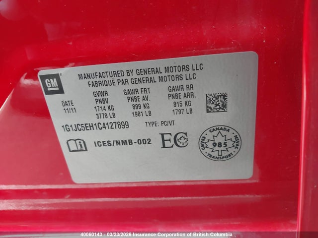 Продажа на аукционе авто 2012 Chevrolet Sonic Lt, vin: 1G1JC5EH1C4127899, номер лота: 40060143