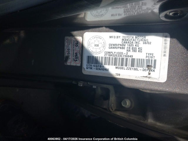 40063952 :رقم المزاد ، 2T1BR32E23C736649 vin ، 2003 Toyota Corolla Ce/le/s مزاد بيع