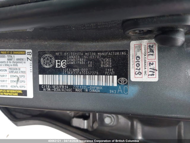 2007 Toyota Matrix Xr მანქანა იყიდება აუქციონზე, vin: 2T1KR32E87C657279, აუქციონის ნომერი: 40063121