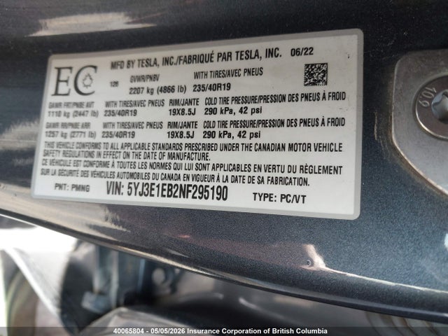 Продажа на аукционе авто 2022 Tesla Model 3 Long Range, vin: 5YJ3E1EB2NF295190, номер лота: 40065804