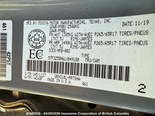 5TFDZ5BN6LX049180 Toyota Tacoma Double Cab/sr5/trd Sport/trd Off Road