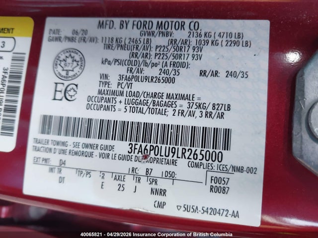 Ford FUSION SE 2020 3FA6P0LU9LR265000 Image 9