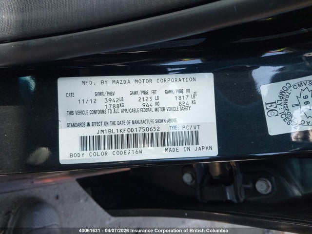 Aukcja sprzedaży 2013 Mazda 3 I, vin: JM1BL1KF0D1750652, numer aukcji: 40061631