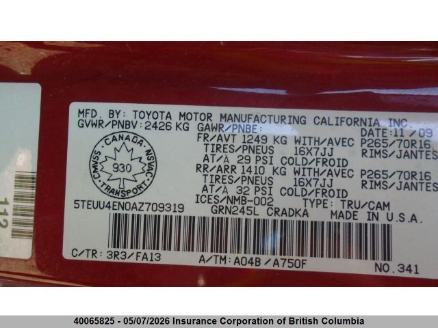 40065825 :رقم المزاد ، 5TEUU4EN0AZ709319 vin ، 2010 Toyota Tacoma Access Cab مزاد بيع